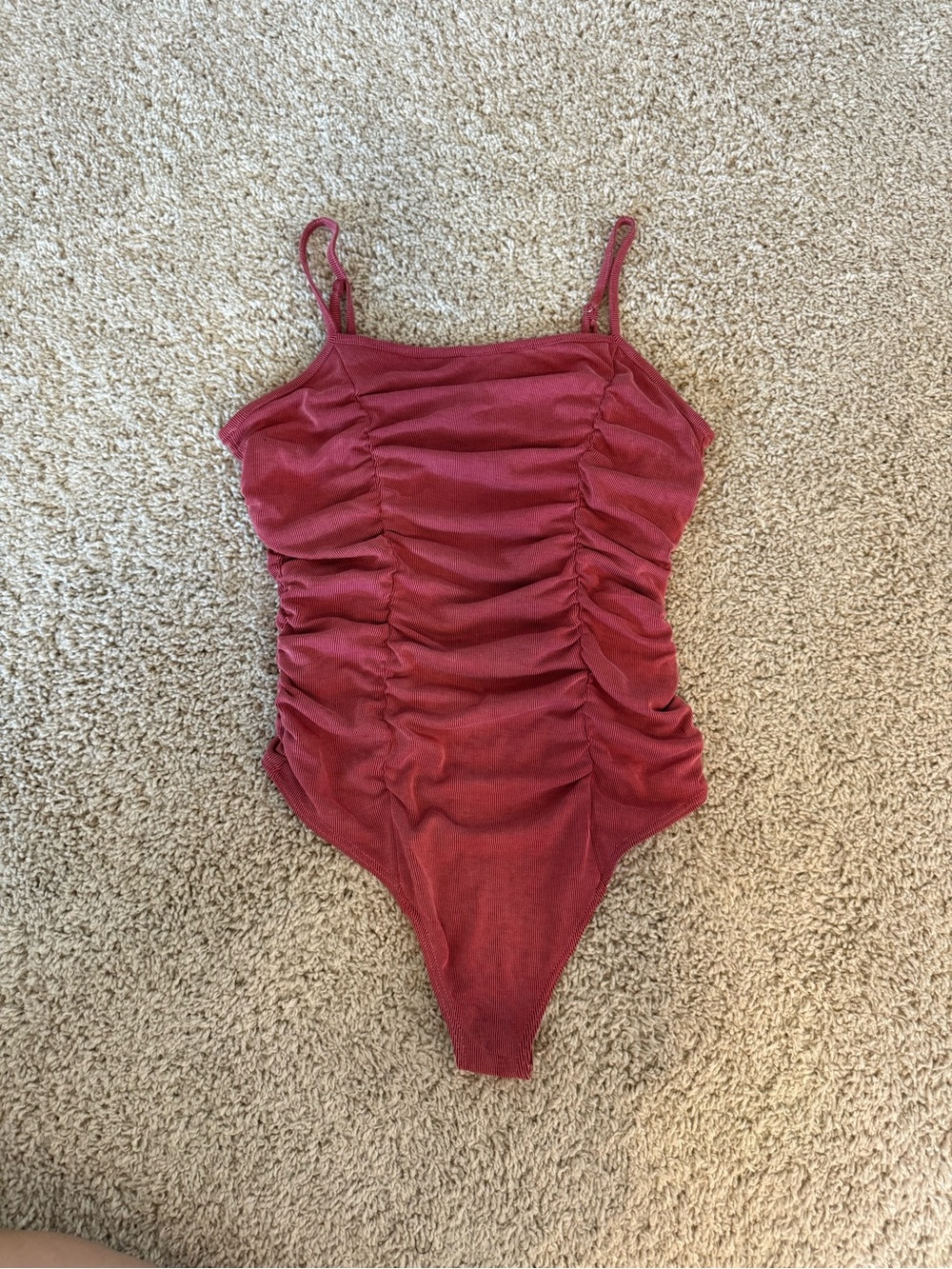 American Threads Rose Red Ruched Spaghetti Strap Bodysuit